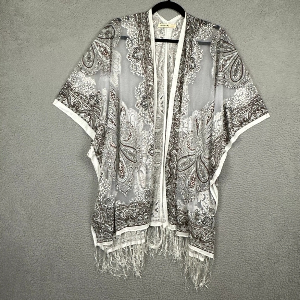 Origami Shawl Womens M White Paisley Lace Cardigan Duster Open Front Lightweight